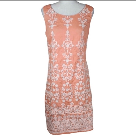 Talbots Peach & White Damask Print Linen Midi Dress size 6P - Picture 2 of 6